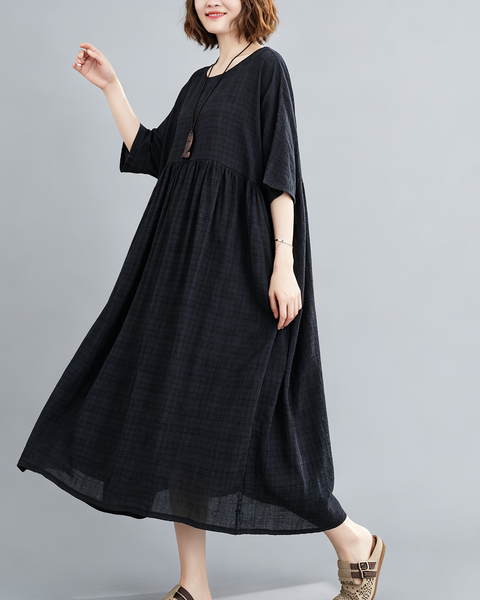 ellazhu Women's Plus Size Plaid Pleated A Line Maxi T Shirt Dress GA2827