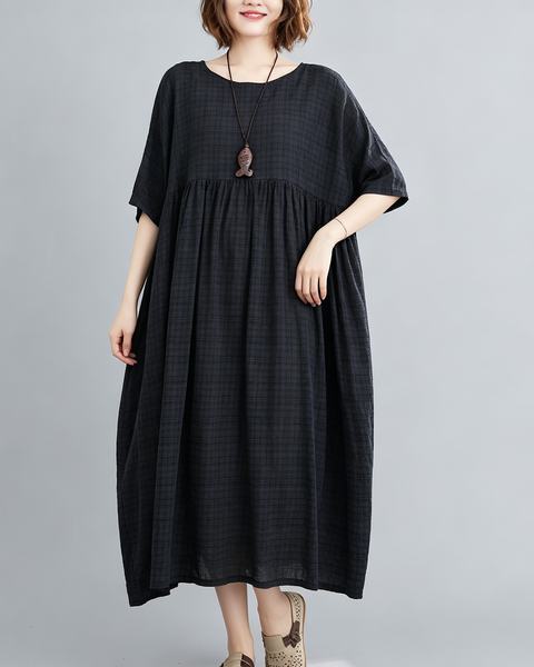 ellazhu Women's Plus Size Plaid Pleated A Line Maxi T Shirt Dress GA2827
