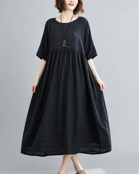 ellazhu Women's Plus Size Plaid Pleated A Line Maxi T Shirt Dress GA2827