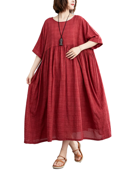 ellazhu Women's Plus Size Plaid Pleated A Line Maxi T Shirt Dress GA2827