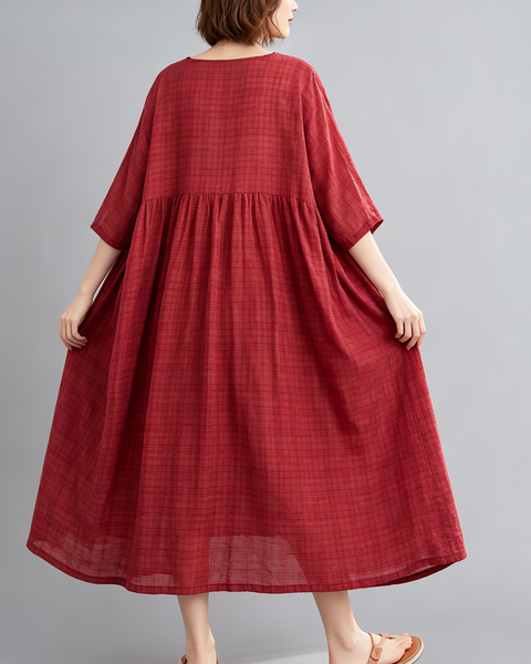 ellazhu Women's Plus Size Plaid Pleated A Line Maxi T Shirt Dress GA2827