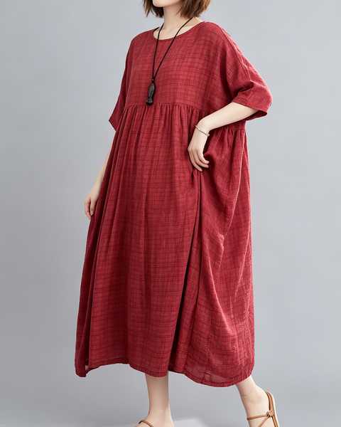 ellazhu Women's Plus Size Plaid Pleated A Line Maxi T Shirt Dress GA2827