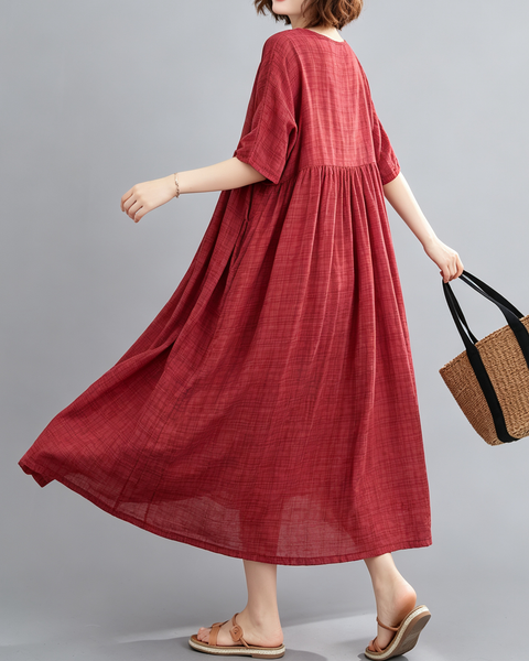 ellazhu Women's Plus Size Plaid Pleated A Line Maxi T Shirt Dress GA2827