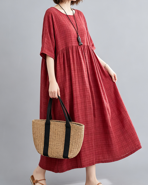 ellazhu Women's Plus Size Plaid Pleated A Line Maxi T Shirt Dress GA2827