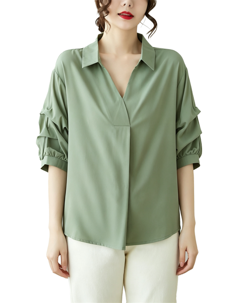 ellazhu Women's Oversized V Neck Collared Puff Sleeve Blouse Tops GA2850