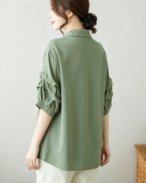 ellazhu Women's Oversized V Neck Collared Puff Sleeve Blouse Tops GA2850