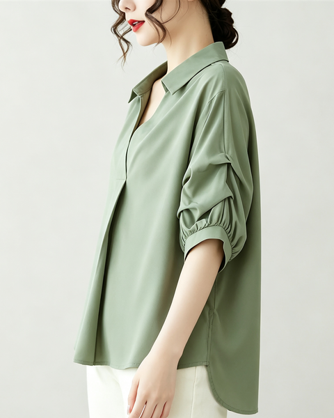 ellazhu Women's Oversized V Neck Collared Puff Sleeve Blouse Tops GA2850