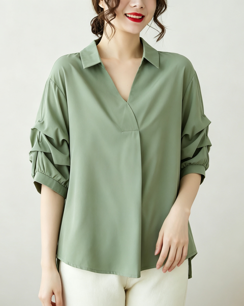 ellazhu Women's Oversized V Neck Collared Puff Sleeve Blouse Tops GA2850