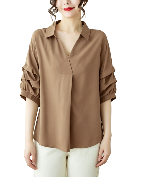 ellazhu Women's Oversized V Neck Collared Puff Sleeve Blouse Tops GA2850