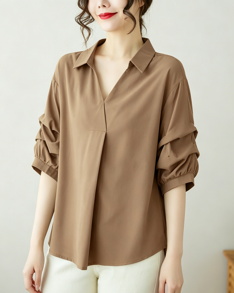 ellazhu Women's Oversized V Neck Collared Puff Sleeve Blouse Tops GA2850