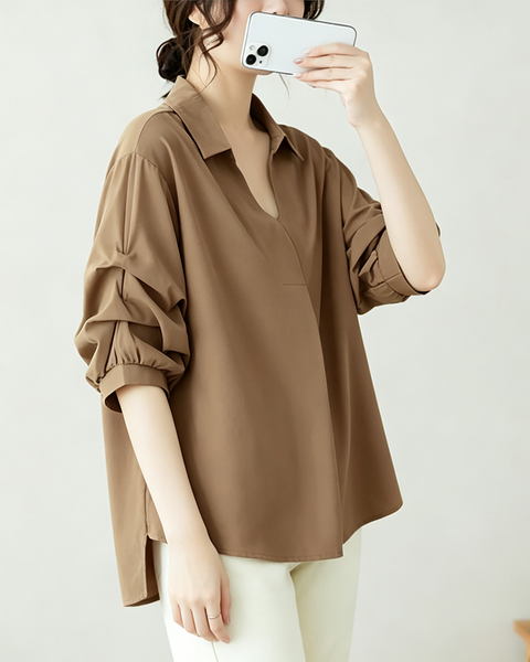 ellazhu Women's Oversized V Neck Collared Puff Sleeve Blouse Tops GA2850