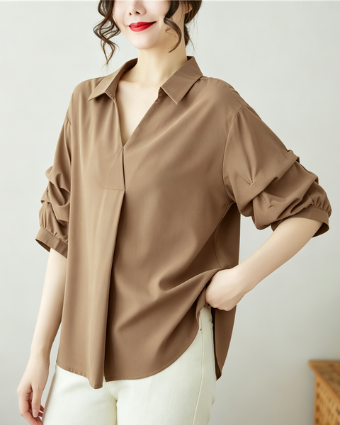 ellazhu Women's Oversized V Neck Collared Puff Sleeve Blouse Tops GA2850