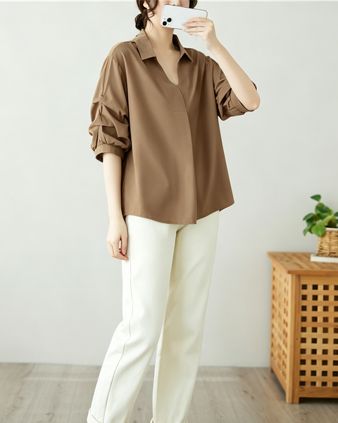 ellazhu Women's Oversized V Neck Collared Puff Sleeve Blouse Tops GA2850