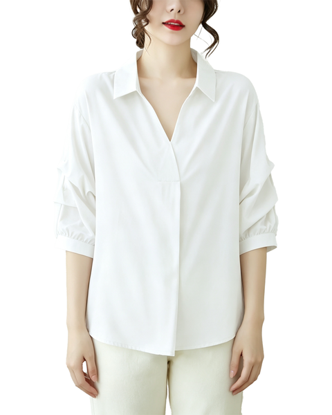ellazhu Women's Oversized V Neck Collared Puff Sleeve Blouse Tops GA2850