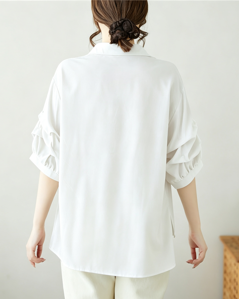 ellazhu Women's Oversized V Neck Collared Puff Sleeve Blouse Tops GA2850