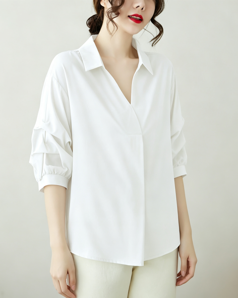 ellazhu Women's Oversized V Neck Collared Puff Sleeve Blouse Tops GA2850
