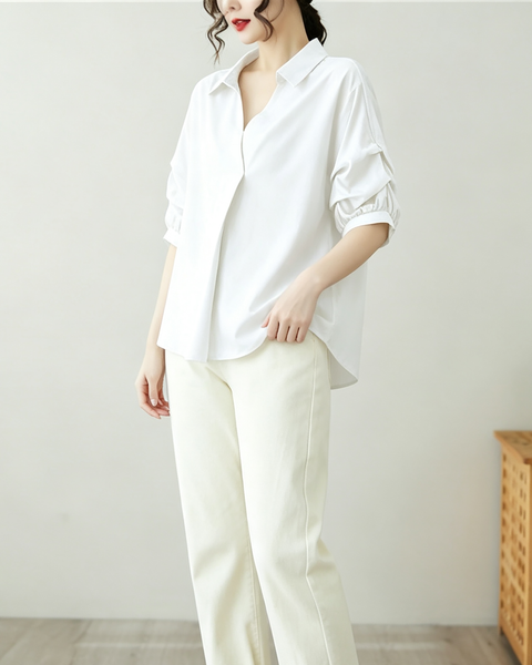 ellazhu Women's Oversized V Neck Collared Puff Sleeve Blouse Tops GA2850