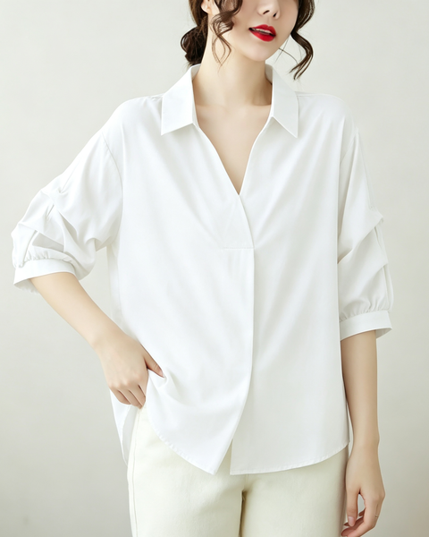 ellazhu Women's Oversized V Neck Collared Puff Sleeve Blouse Tops GA2850