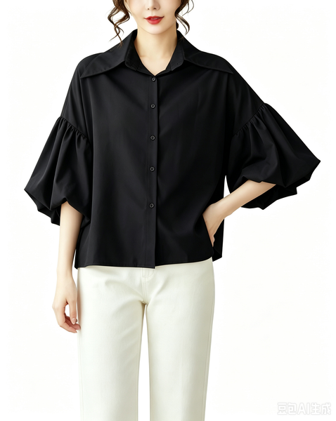 ellazhu Women's Oversized Button Down Lantern Sleeve Blouse Shirt GA2851