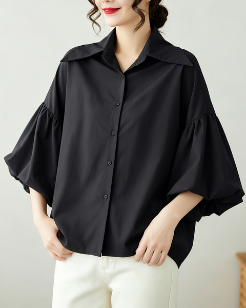ellazhu Women's Oversized Button Down Lantern Sleeve Blouse Shirt GA2851