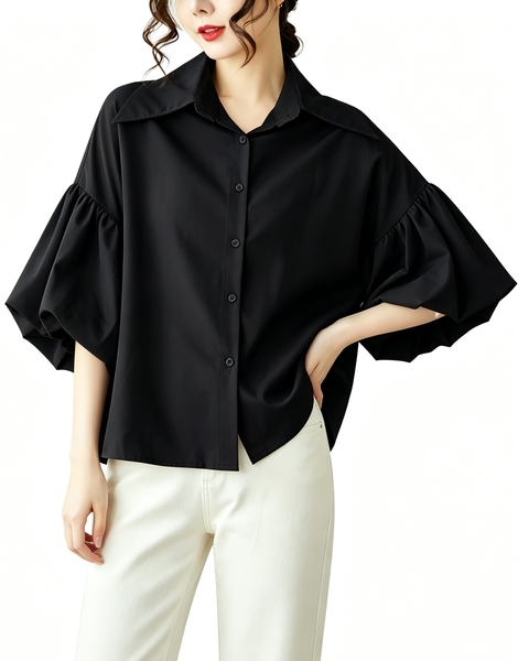 ellazhu Women's Oversized Button Down Lantern Sleeve Blouse Shirt GA2851