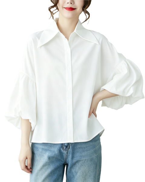 ellazhu Women's Oversized Button Down Lantern Sleeve Blouse Shirt GA2851