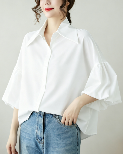 ellazhu Women's Oversized Button Down Lantern Sleeve Blouse Shirt GA2851