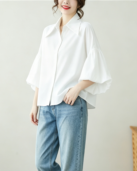 ellazhu Women's Oversized Button Down Lantern Sleeve Blouse Shirt GA2851