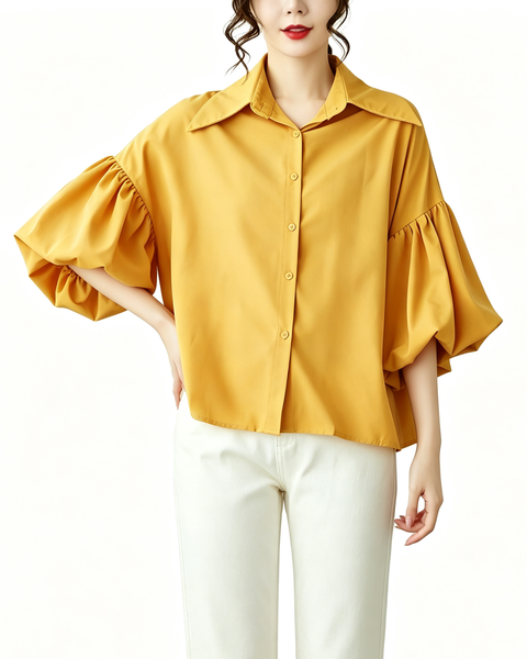 ellazhu Women's Oversized Button Down Lantern Sleeve Blouse Shirt GA2851