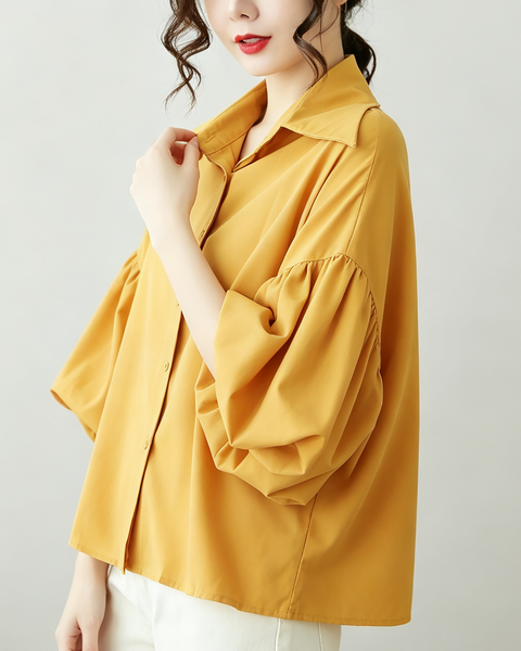 ellazhu Women's Oversized Button Down Lantern Sleeve Blouse Shirt GA2851
