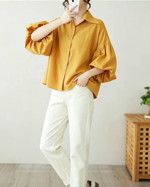 ellazhu Women's Oversized Button Down Lantern Sleeve Blouse Shirt GA2851