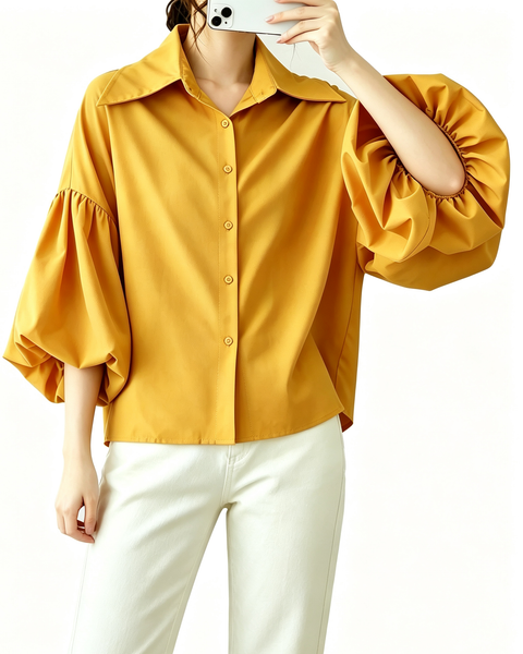 ellazhu Women's Oversized Button Down Lantern Sleeve Blouse Shirt GA2851