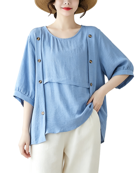 ellazhu Women's Oversized Button Detail Layered Tunic Blouse Tops GA2852