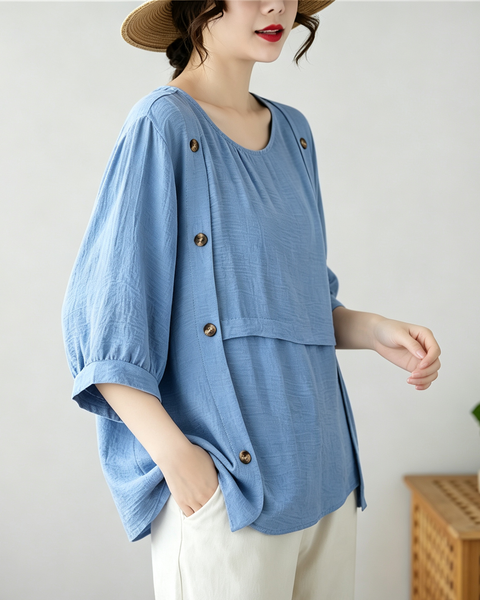 ellazhu Women's Oversized Button Detail Layered Tunic Blouse Tops GA2852