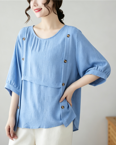 ellazhu Women's Oversized Button Detail Layered Tunic Blouse Tops GA2852