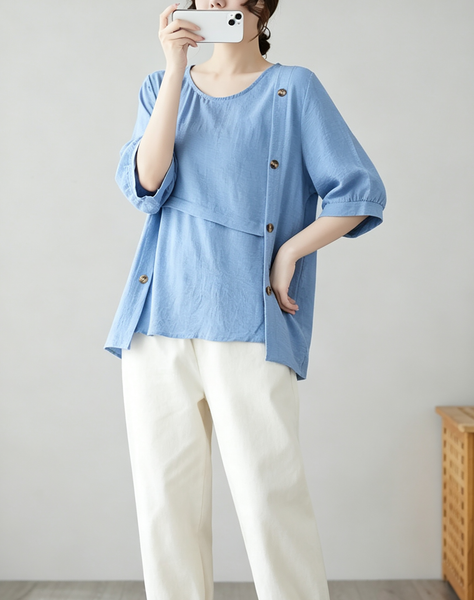 ellazhu Women's Oversized Button Detail Layered Tunic Blouse Tops GA2852