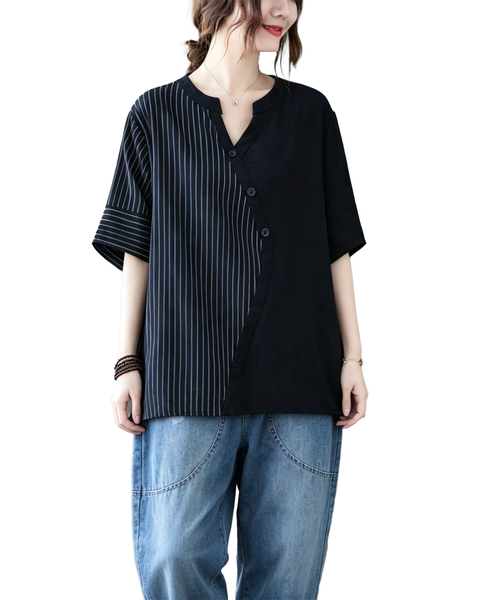 ellazhu Women's Oversized Stripe Patchwork V Neck Linen Shirt Top GA2854