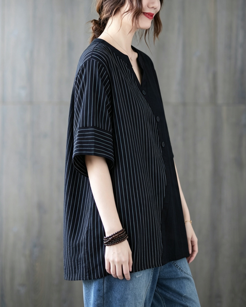 ellazhu Women's Oversized Stripe Patchwork V Neck Linen Shirt Top GA2854