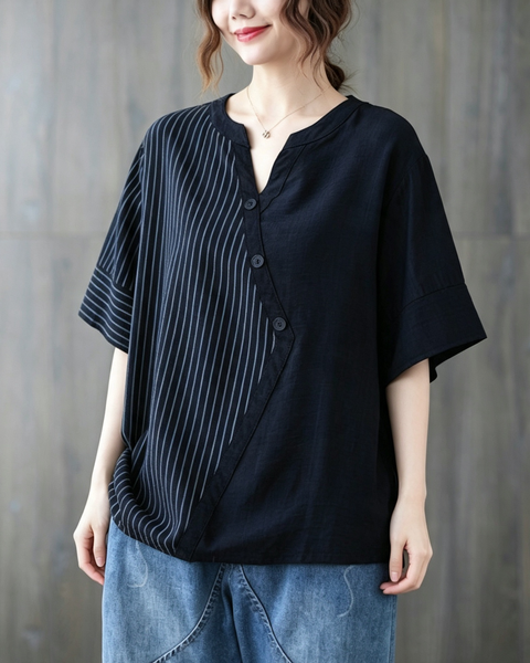 ellazhu Women's Oversized Stripe Patchwork V Neck Linen Shirt Top GA2854