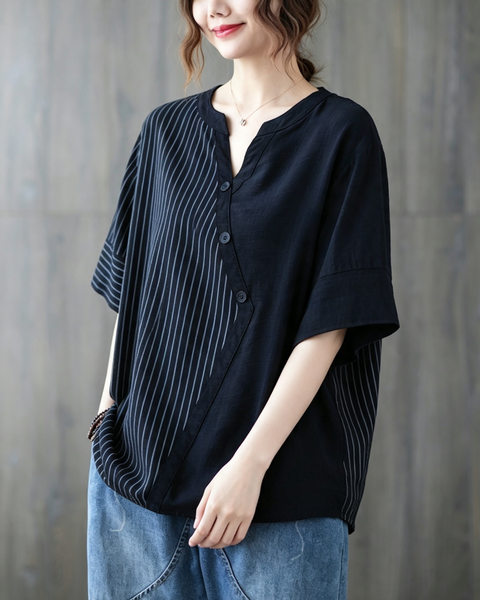 ellazhu Women's Oversized Stripe Patchwork V Neck Linen Shirt Top GA2854