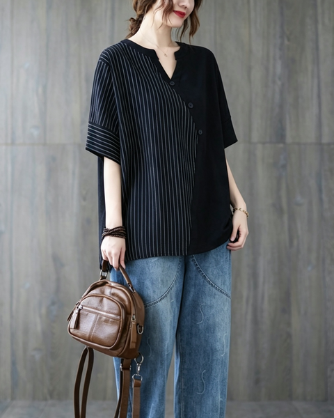 ellazhu Women's Oversized Stripe Patchwork V Neck Linen Shirt Top GA2854