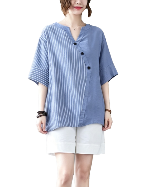 ellazhu Women's Oversized Stripe Patchwork V Neck Linen Shirt Top GA2854