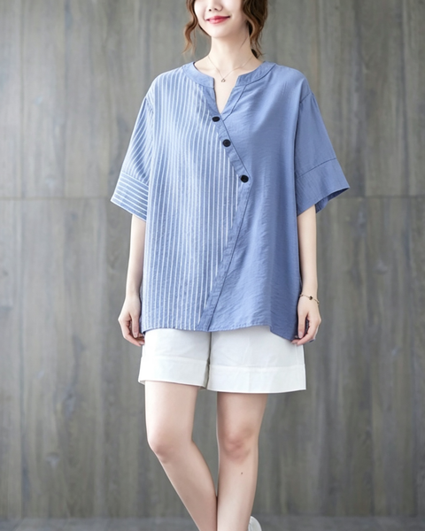 ellazhu Women's Oversized Stripe Patchwork V Neck Linen Shirt Top GA2854