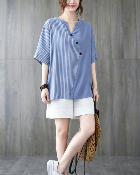 ellazhu Women's Oversized Stripe Patchwork V Neck Linen Shirt Top GA2854