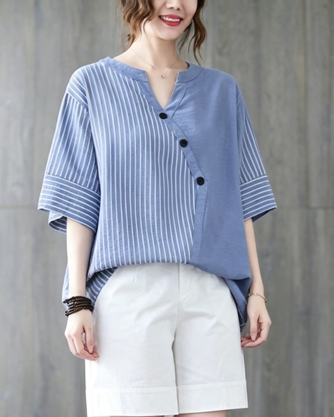 ellazhu Women's Oversized Stripe Patchwork V Neck Linen Shirt Top GA2854