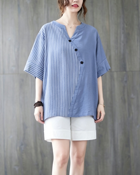 ellazhu Women's Oversized Stripe Patchwork V Neck Linen Shirt Top GA2854