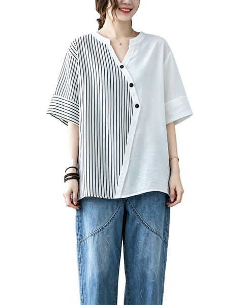 ellazhu Women's Oversized Stripe Patchwork V Neck Linen Shirt Top GA2854