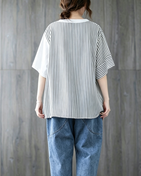 ellazhu Women's Oversized Stripe Patchwork V Neck Linen Shirt Top GA2854