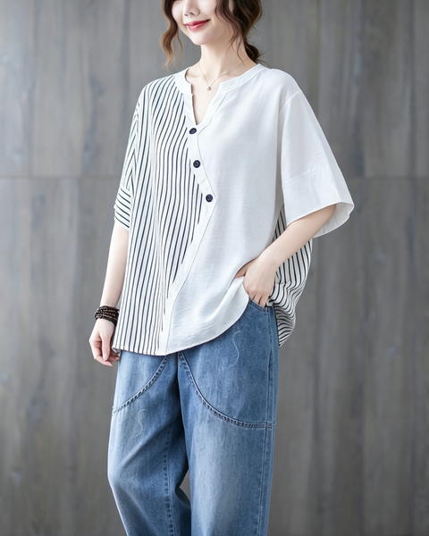 ellazhu Women's Oversized Stripe Patchwork V Neck Linen Shirt Top GA2854