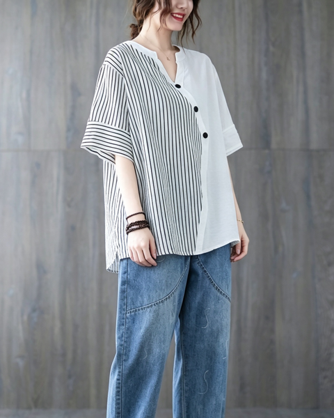 ellazhu Women's Oversized Stripe Patchwork V Neck Linen Shirt Top GA2854